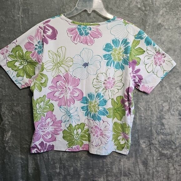 Kenneth Too Women’s Sz Lg Top Purple Green Floral Cotton Blend - Picture 7 of 9